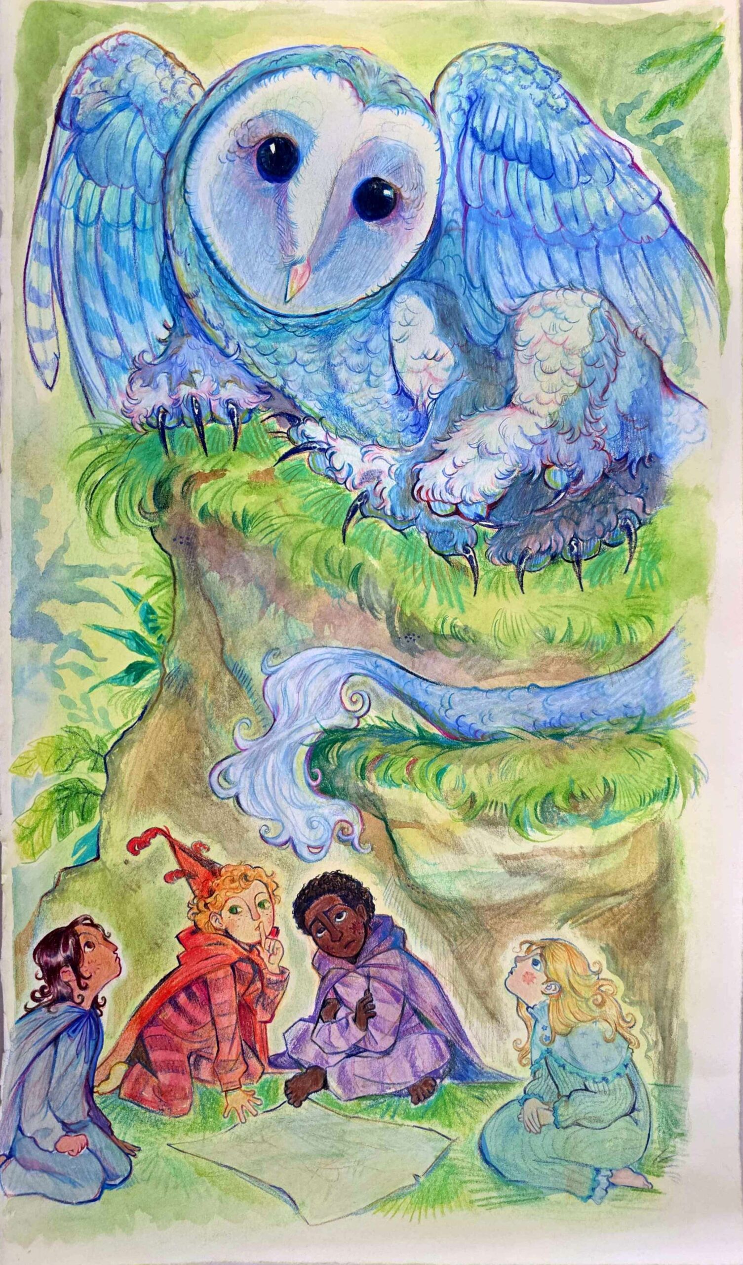 The children pause their expedition, captivated by the Moon beast.
