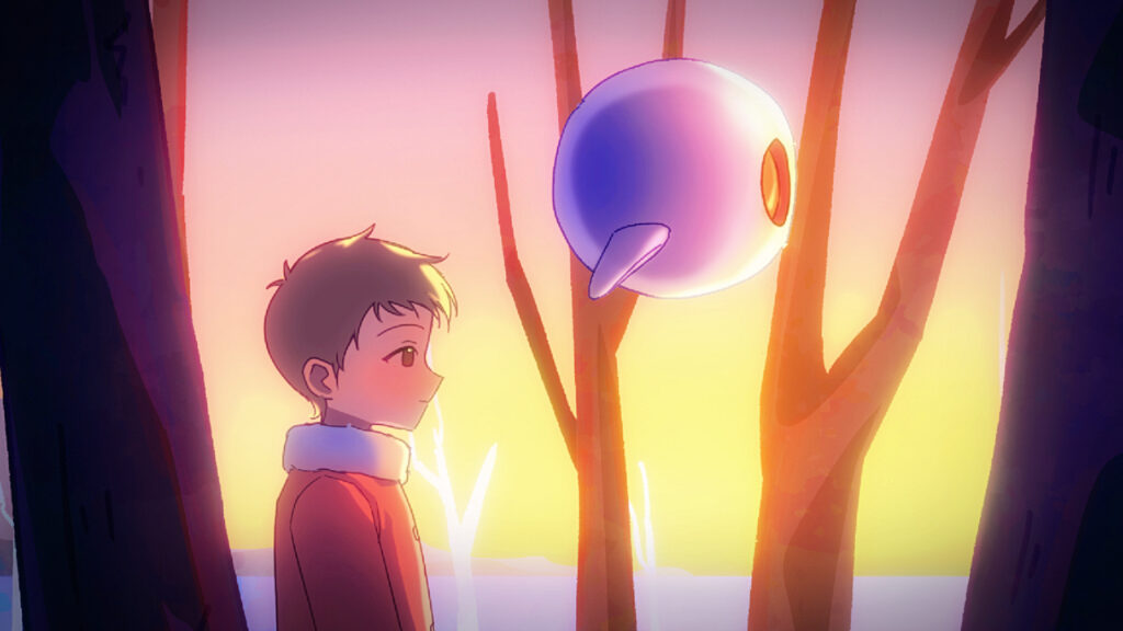 The human girl, 0897, walks behind the robot T3. The setting is a forest at dusk.