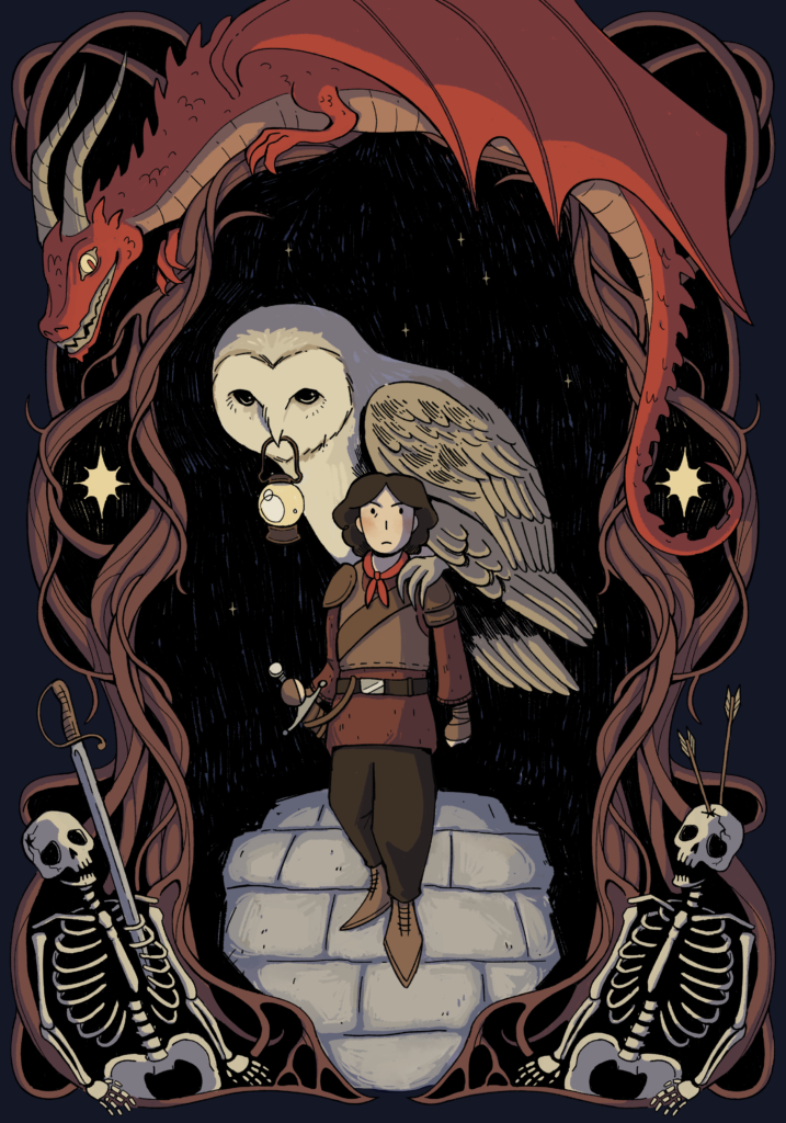 Digital illustration of a hero with a giant barn owl holding a lamp, sitting on their shoulder. Tree roots create a frame around the characters. A red dragon is lying on the roots at the top of the image. Two skeletons lie in the roots at the base of the image. The skeleton on the right side has a sword through it's ribs. The skeleton on the left has two arrows in it's skull.