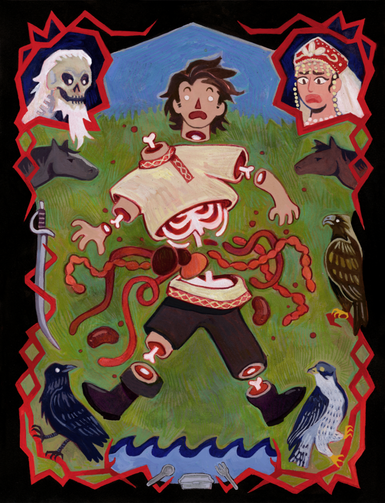 Mixed media stylized illustration of a man being chopped into pieces. Limbs and organs float around the page. There is an illustrated decorative border featuring angular red lines. Portraits of a skeleton with a beard and a worried woman are in the frame at the top of the image. The border also features two horse profiles, a sword, an eagle, a raven, and a falcon. At the base of the border there are waves, a silver spoon, fork, and tobacco box.