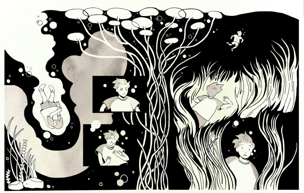 Black and white ink illustration of a comic spread. On the first page a girl plunges into a pond and opens her eyes. On the second page the girl is surrounded by dark water and pond reeds.