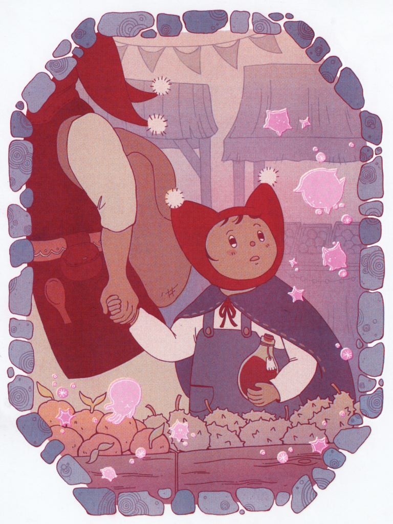 Risograph print of an illustration of a child visiting a market with his mother. The child wears a pointy red hat and a blue cape. He is noticing magical pink sprites that surround the piece. There is an illustrated border of stones with spiral engravings. 