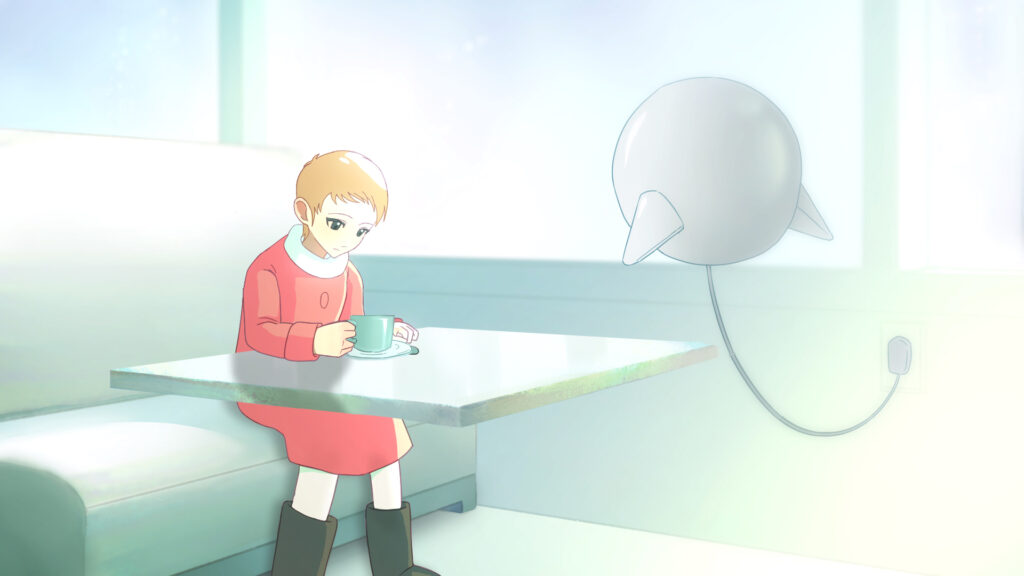 Movie poster: The human female lead, 0897, sits at a white dining table in a pink coat, stirring her coffee. The robot T3 hovers across from her.