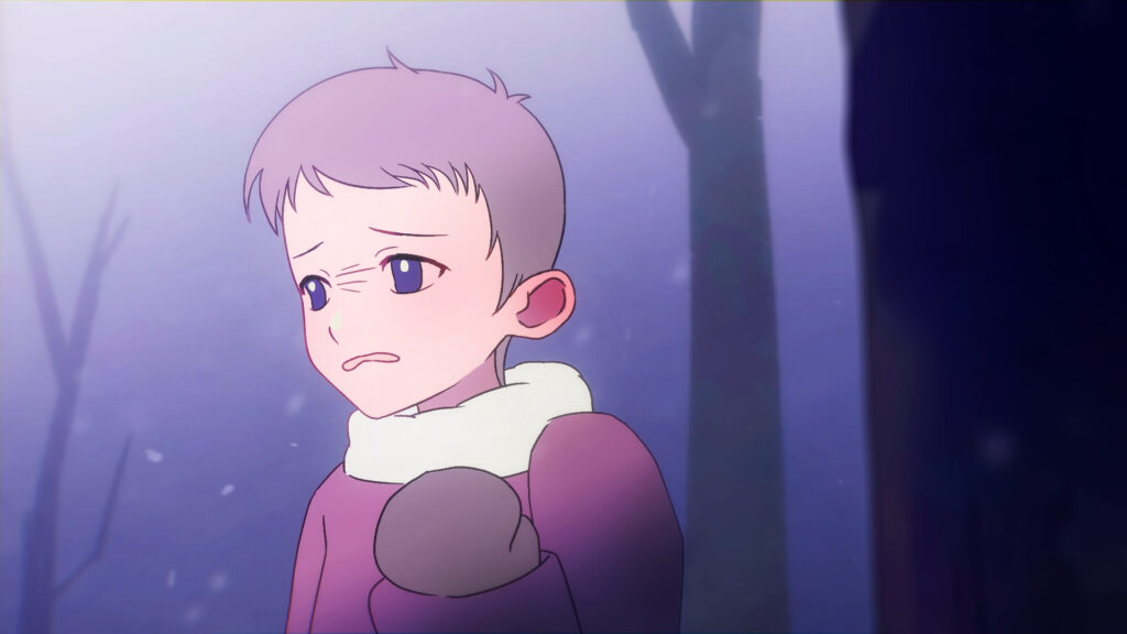 The human female protagonist, 0897, stands in the forest wearing a pink coat, looking panicked.