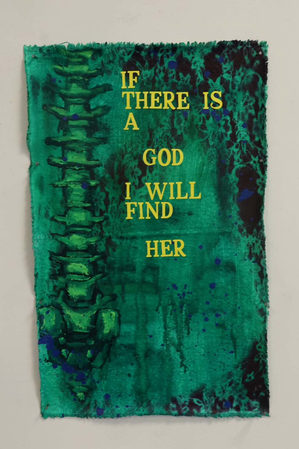 I Have to Laugh, or I will Scream (She is in me). Acrylic, aerosol, and stickers on un-stretched canvas. 18x11.5” 2025