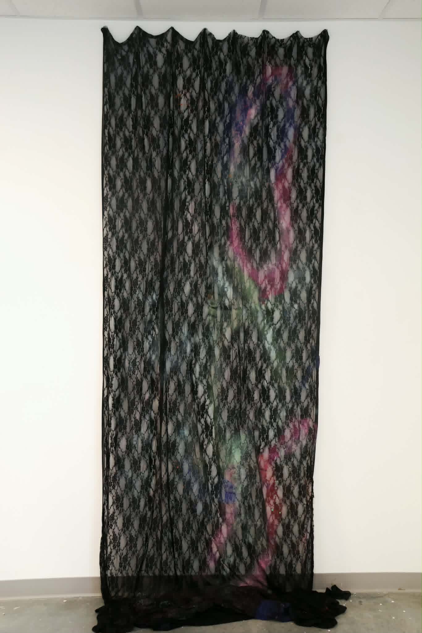 I Have to Laugh, or I will Scream (Seeing Through). Aerosol on lace. 59x180” 2025