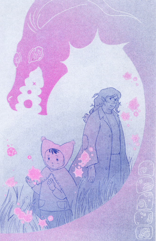 Cover of the comic. Pink and blue risograph print of a child in a pointy hat holding a pink sprite character. A woman stands next to him. The pair are framed by the silhouette of a dragon with an open mouth and with three eyes. There are stones with spiral engraving stacked in the bottom right corner.