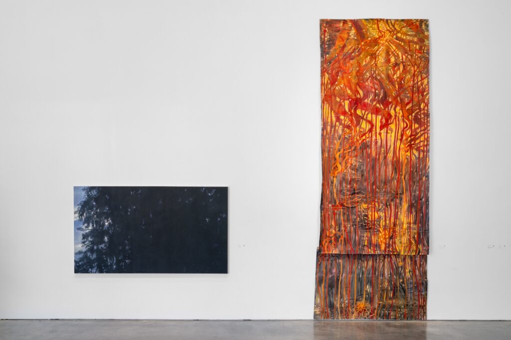Shown close up, large scale two-dimensional works are displayed on the gallery wall. Their colours are intense, dark and bright.