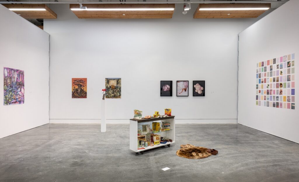 Many small two-dimensional works line the gallery walls, ranging in shades of pastels, earth tones, and dark colours. In the centre of the room stands a display of ceramic sculptures, a narrow sculpture atop a thin plinth, and a collection of fur objects on the floor. The room feels warm with its visuals.