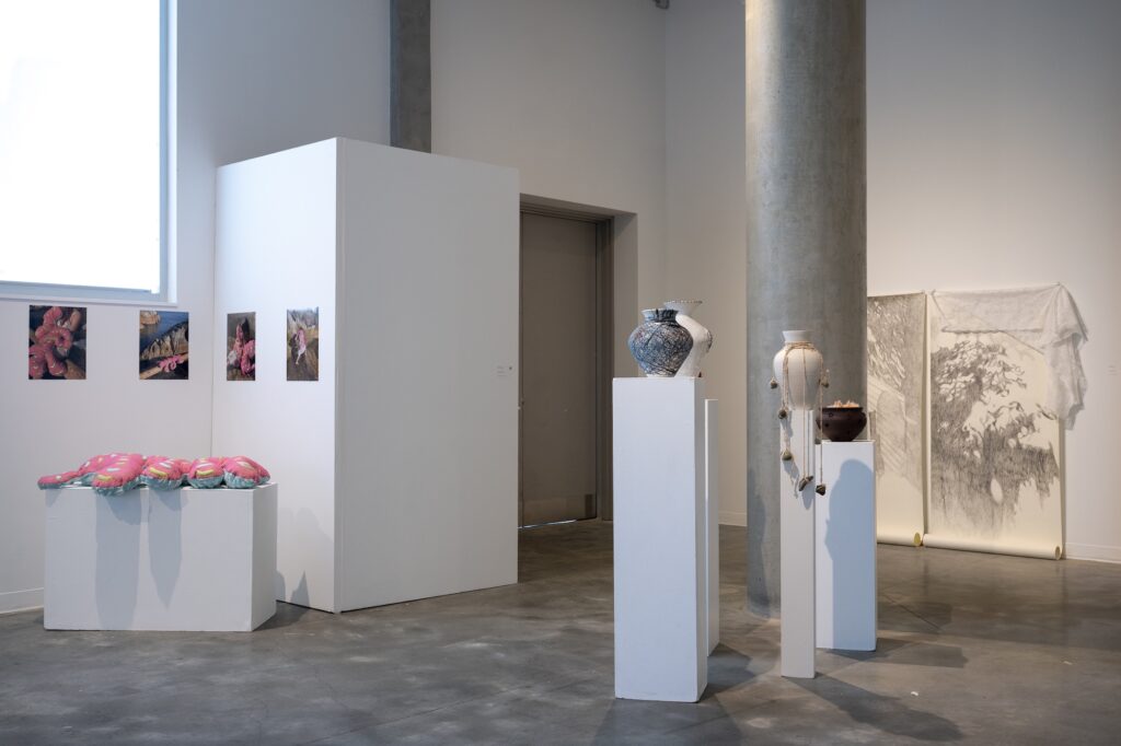 A naturally-lit gallery room displays a range of sculpture and two-dimensional works, ranging across textiles, ceramics, and paper media. Tall plinths display a series of ceramic vessels, images surround a textile sculpture in a corner, and large drawings on scrolls cascade from the wall.