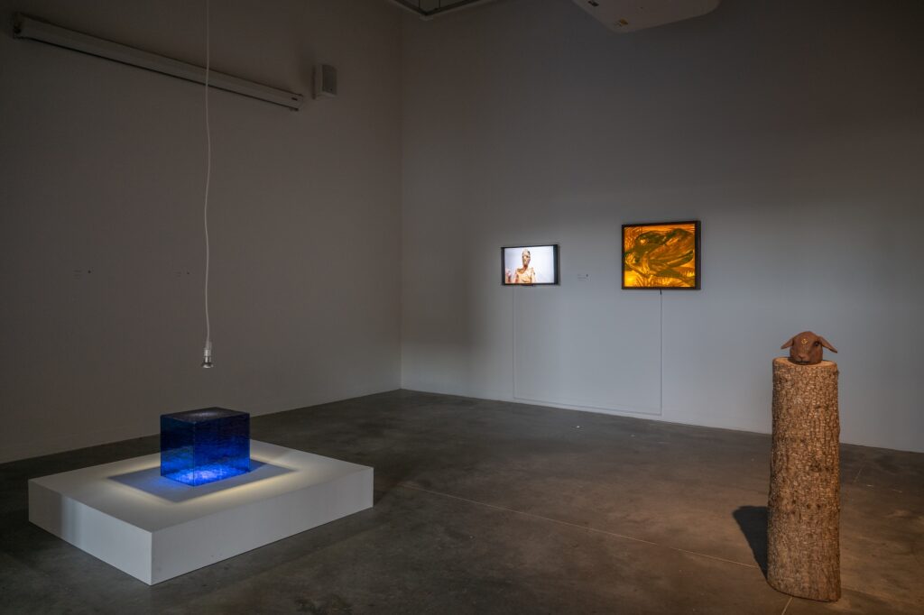 A dark gallery room features a set of lighted works to be viewed intimately. The room shows a screen and a backlit image on the wall, a geometric sculpture atop a wide, low plinth, and a tall tree stump with an animal head sculpture on top. The atmosphere is focused, dark, and detailed.