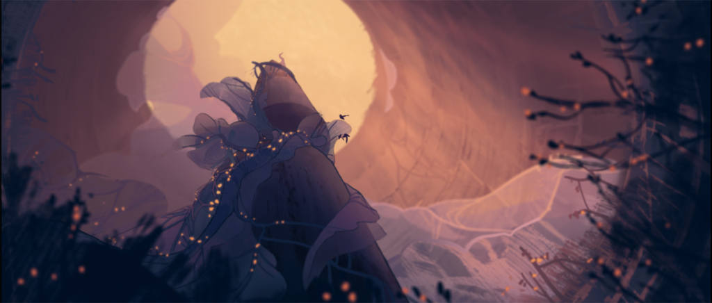 Screenshot from an animation of a submerged missile silo, with bioluminescent plants growing over the structures and tadpoles swimming around, dreamy and flowy.