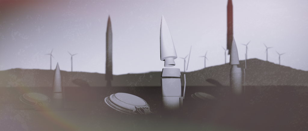 Screenshot from an animation of missiles emerging from silos in the ground, dark and gritty.