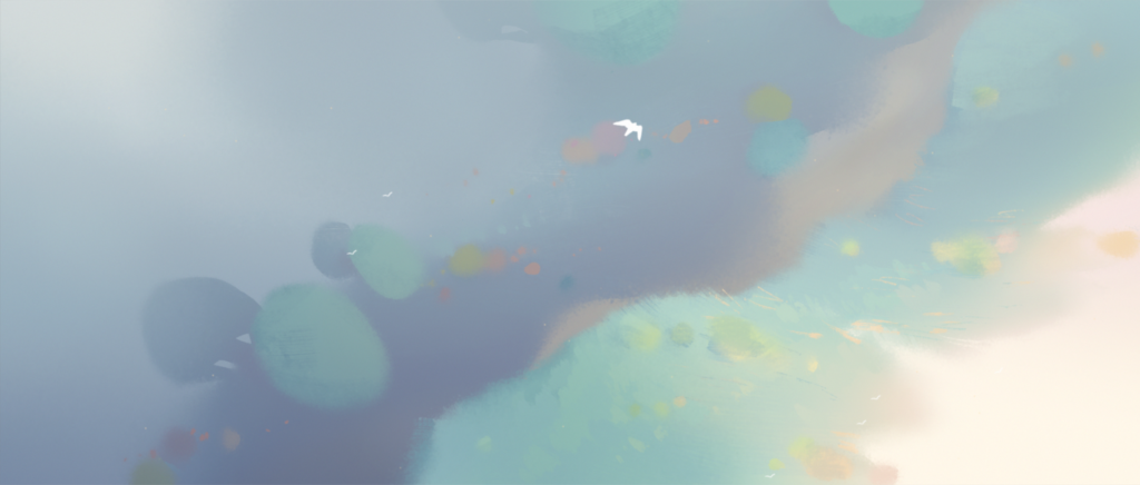 Screenshot from an animation from bird eye’s view, showing a green and blue landscape with white birds flying across.