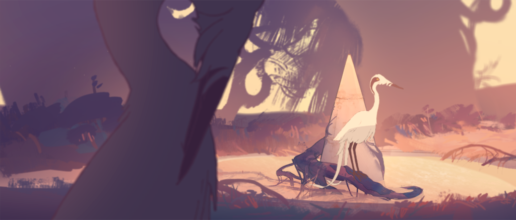 Screenshot from an animation of a tiny pond in a pink and purple forest, a bird is standing on a branch in the middle of the pond.