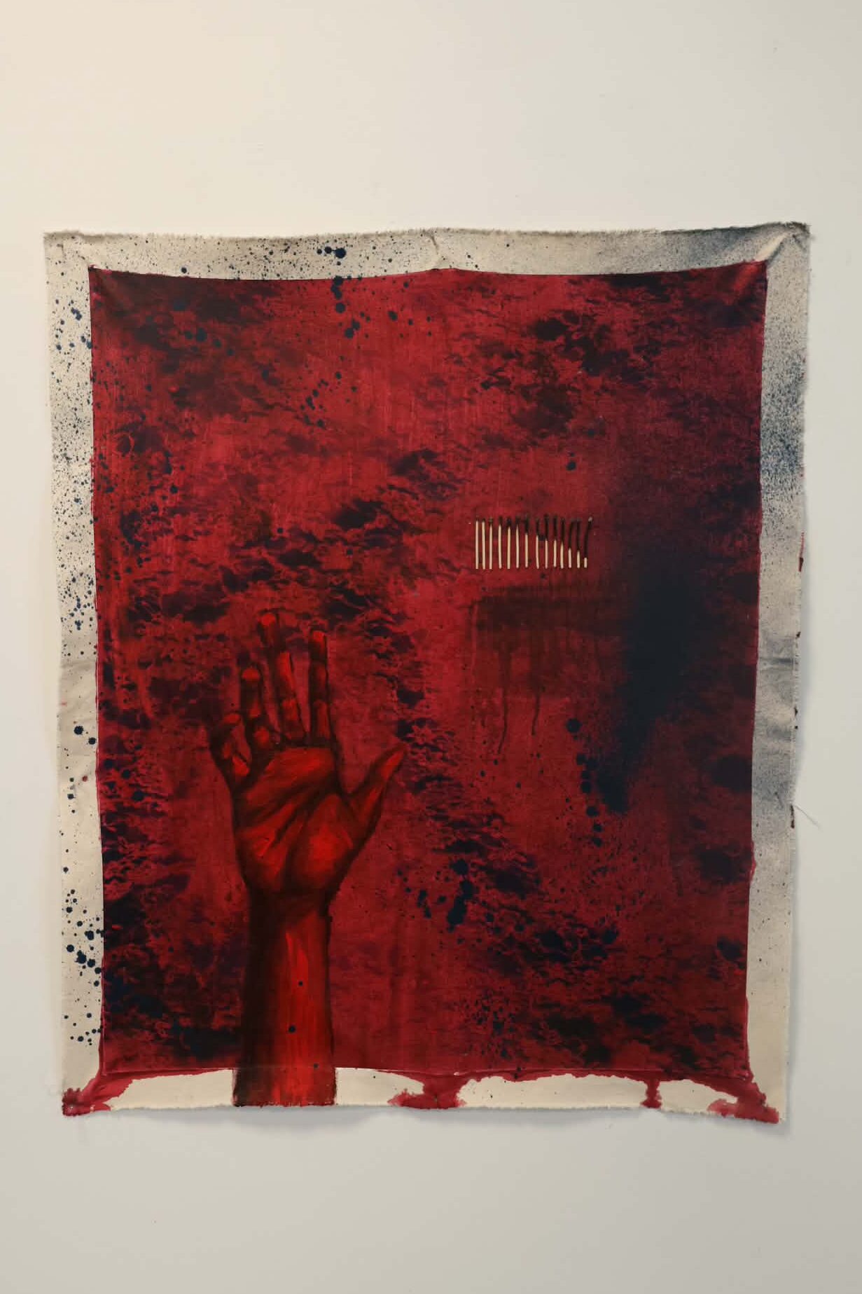 I Have to Laugh, or I will Scream (Burnt out). Acrylic, aerosol, and burnt matches on un-stretched canvas. 37x31” 2025