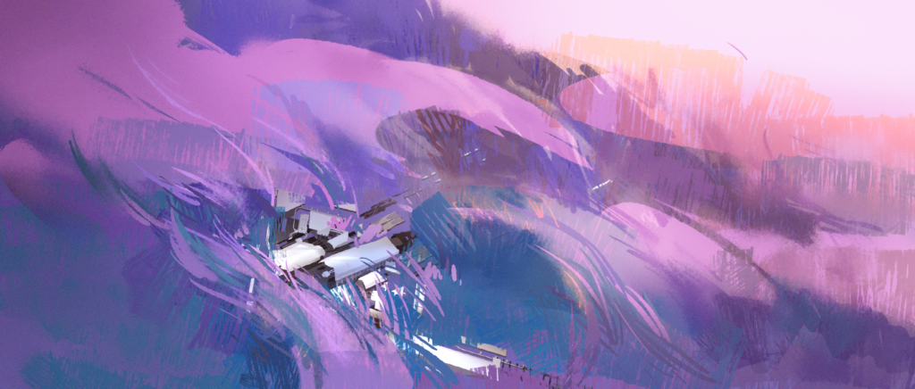 Digital illustration of a purple field from bird eye’s view, with long grass growing over white industrial debris.