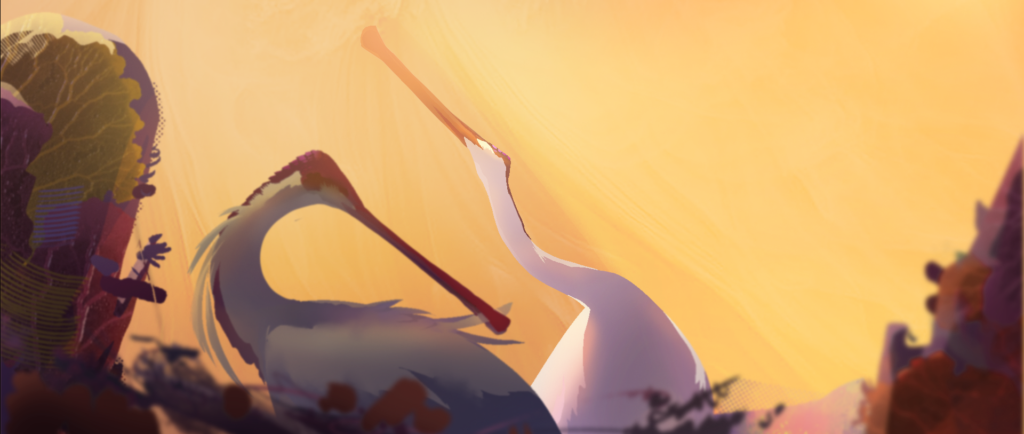 Digital illustration of two birds with long necks against a yellow background, one is preening and the other is looking up.